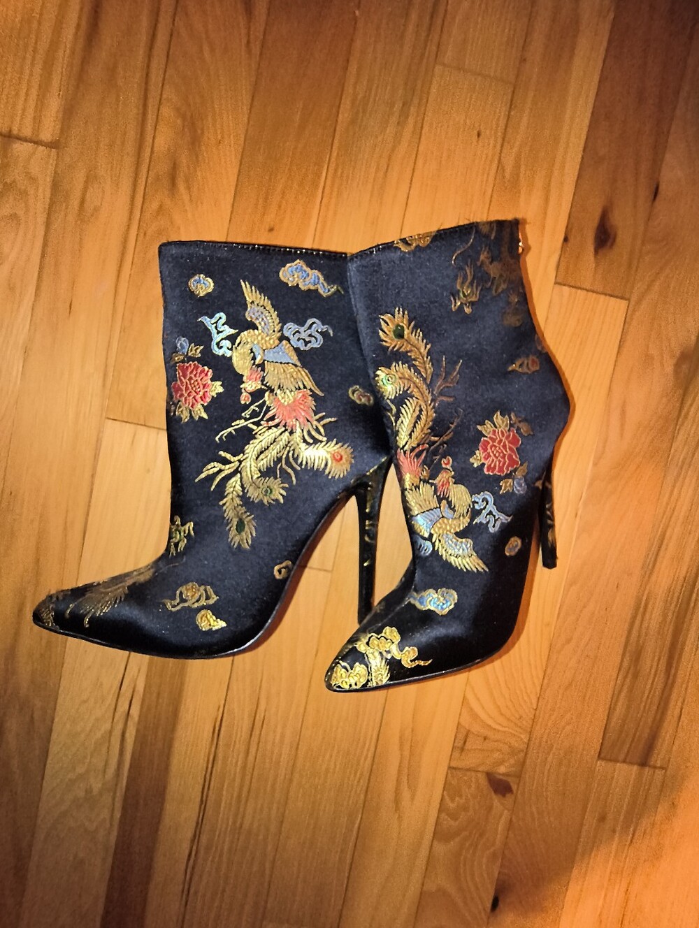 Shoe Dazzle Black Satin Embroidered Ankle Boots with Gold & Red Accents